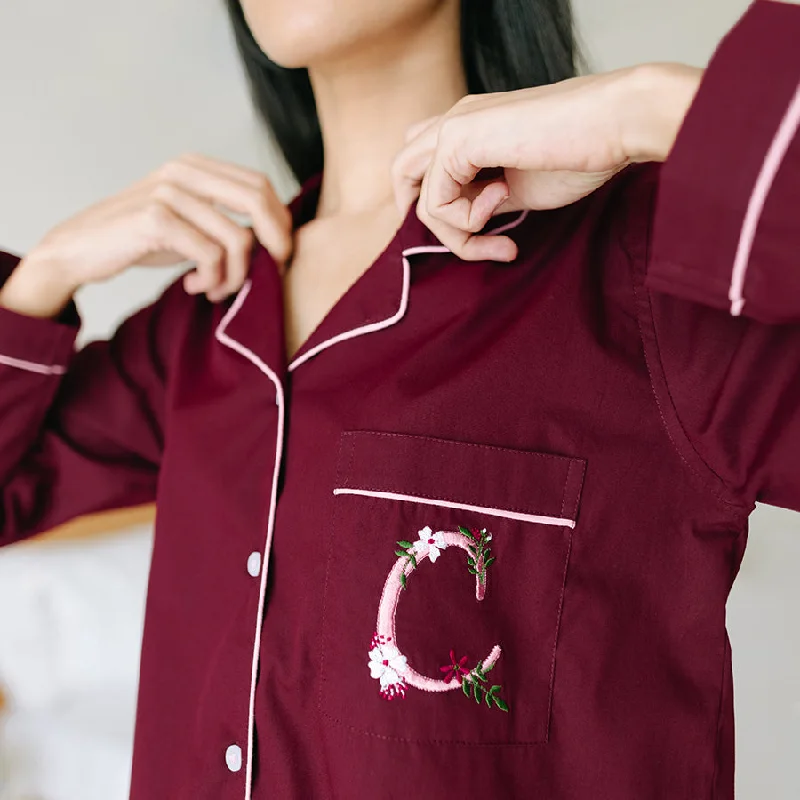 Burgundy Calligraph Embroidered Women Cotton Notched Pyjama Set