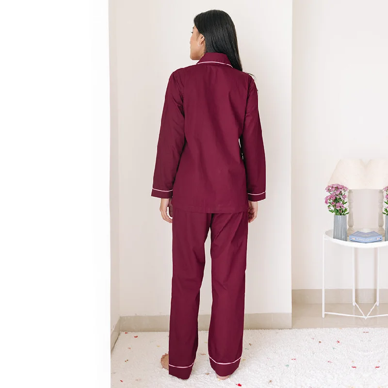 Burgundy Calligraph Embroidered Women Cotton Notched Pyjama Set