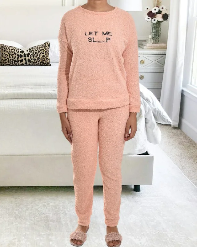 Ladies Peach Printed Fleece Pj Set