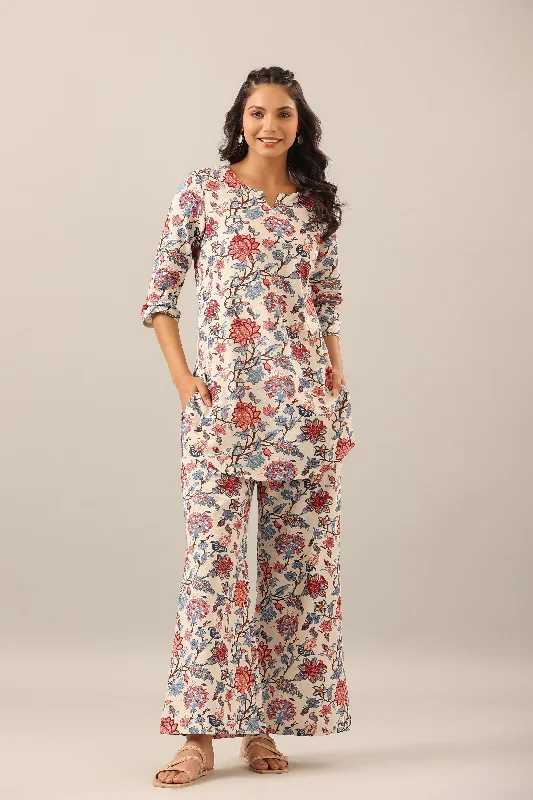 Marine Floral on Off White Cotton Flex Loungewear Set