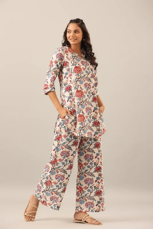 Marine Floral on Off White Cotton Flex Loungewear Set