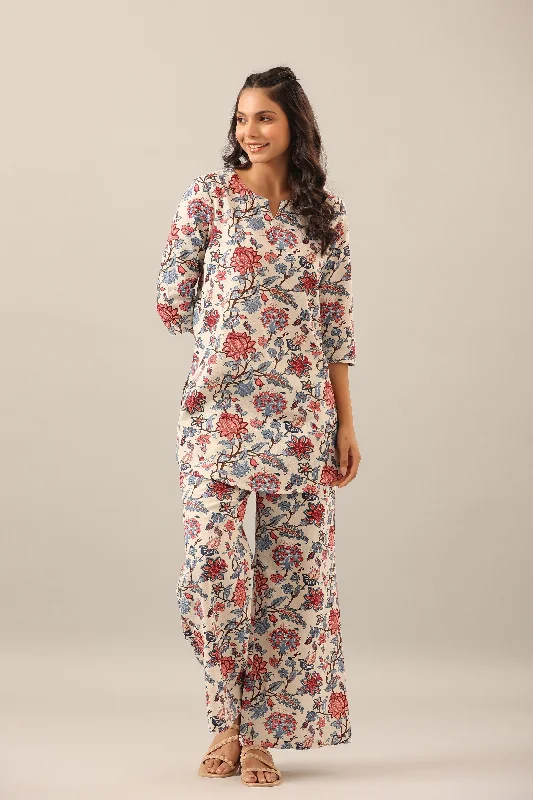 Marine Floral on Off White Cotton Flex Loungewear Set