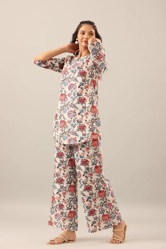 Marine Floral on Off White Cotton Flex Loungewear Set