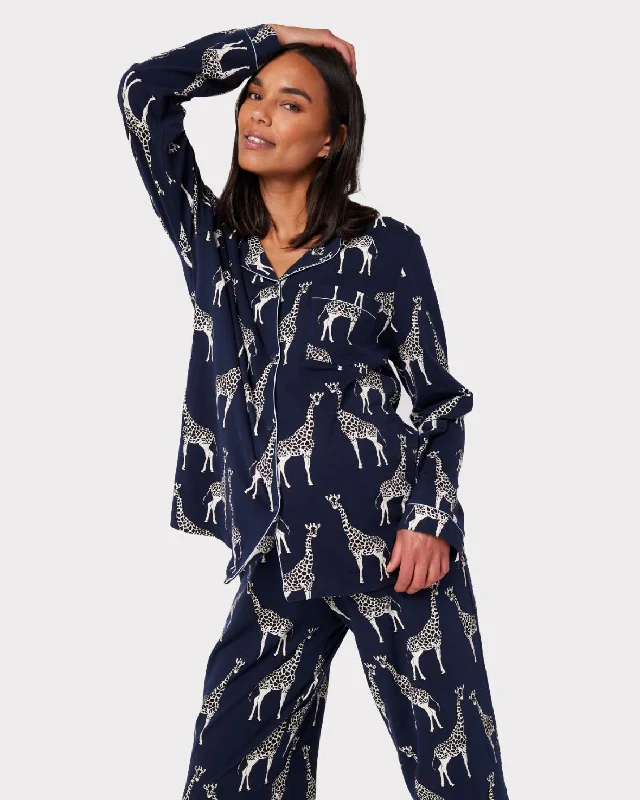 Maternity Organic Cotton Giraffe Print Long Pyjama Set - Navy