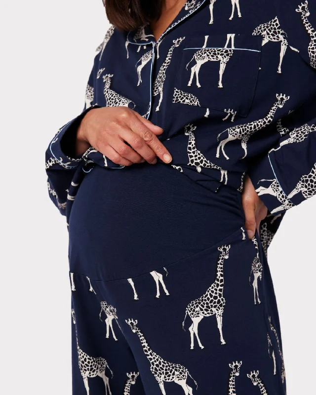 Maternity Organic Cotton Giraffe Print Long Pyjama Set - Navy