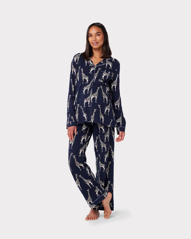 Maternity Organic Cotton Giraffe Print Long Pyjama Set - Navy