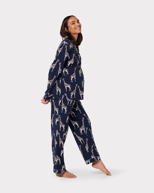 Maternity Organic Cotton Giraffe Print Long Pyjama Set - Navy