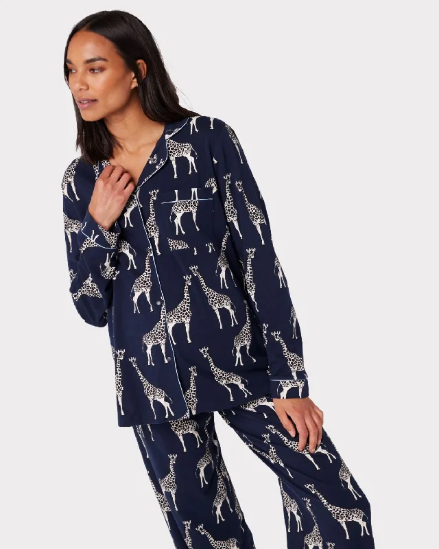 Maternity Organic Cotton Giraffe Print Long Pyjama Set - Navy