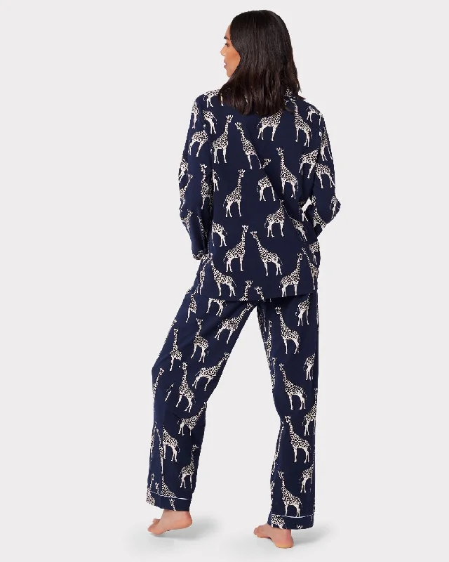 Maternity Organic Cotton Giraffe Print Long Pyjama Set - Navy