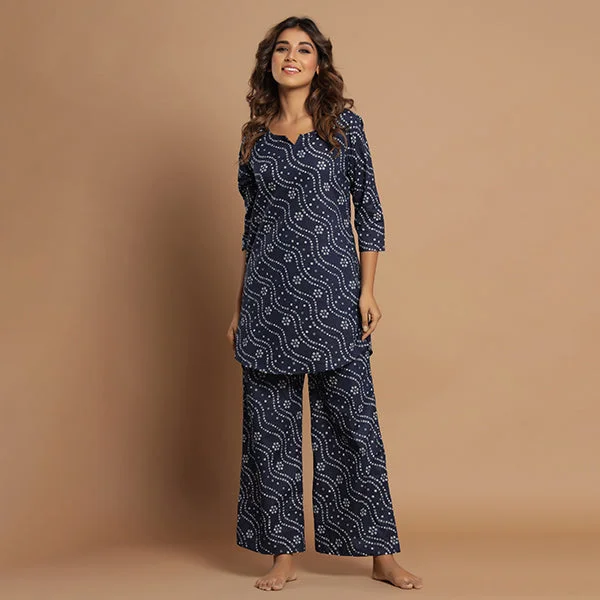 Patterned Bandhej On Blue Flowy Loungewear