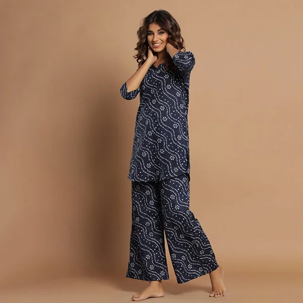 Patterned Bandhej On Blue Flowy Loungewear