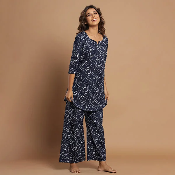 Patterned Bandhej On Blue Flowy Loungewear