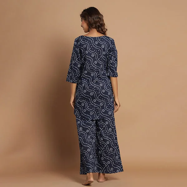 Patterned Bandhej On Blue Flowy Loungewear