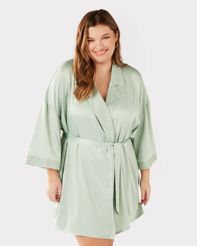 Satin Lace Trim Robe Dressing Gown - Sage