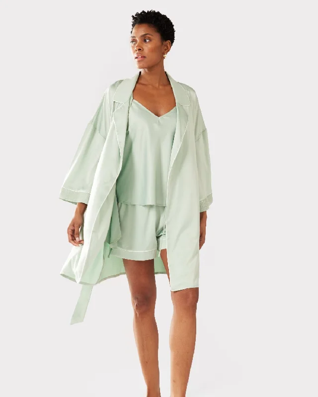 Satin Lace Trim Robe Dressing Gown - Sage