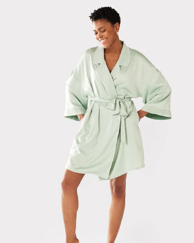 Satin Lace Trim Robe Dressing Gown - Sage