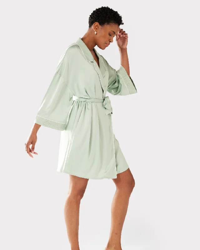 Satin Lace Trim Robe Dressing Gown - Sage