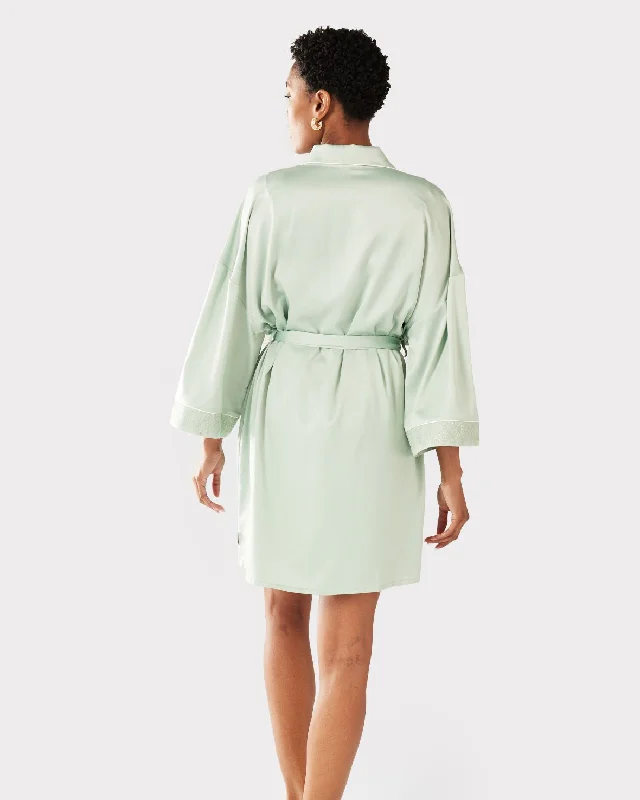 Satin Lace Trim Robe Dressing Gown - Sage