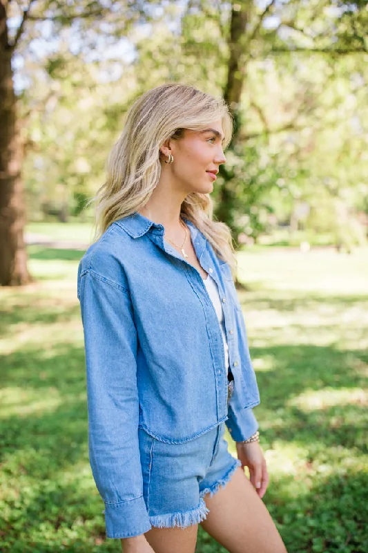 A Girl Like Me Medium Wash Cropped Chambray Blouse