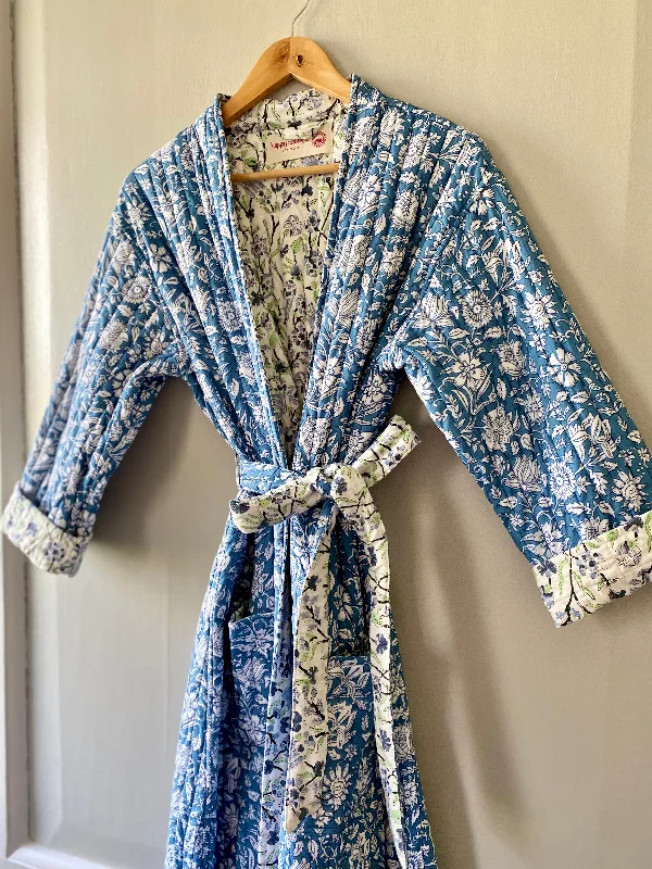 Luxury Quilted Hand Block Print Robe - Blue & White Floral Print