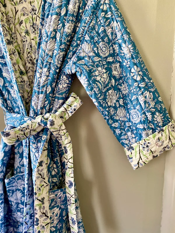 Luxury Quilted Hand Block Print Robe - Blue & White Floral Print