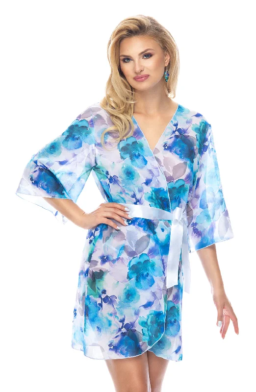 Ladies Gorgeous Blue Flowers Satin Belt Short Dressing Gown