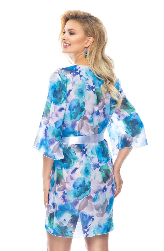 Ladies Gorgeous Blue Flowers Satin Belt Short Dressing Gown