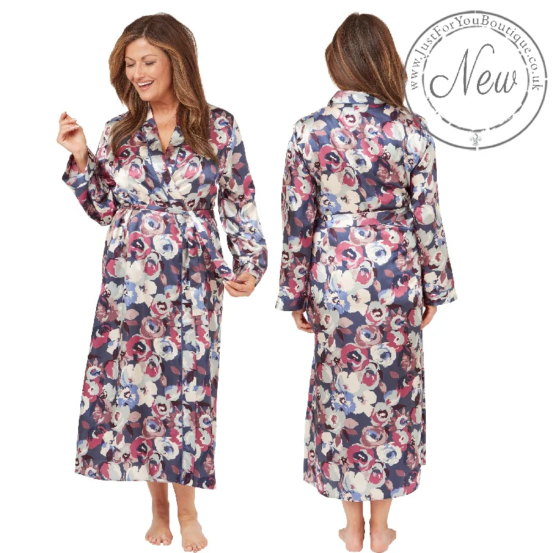 Long Full Length Blue Abstract Floral Sexy Satin Lace Wrap Bathrobe PLUS SIZE