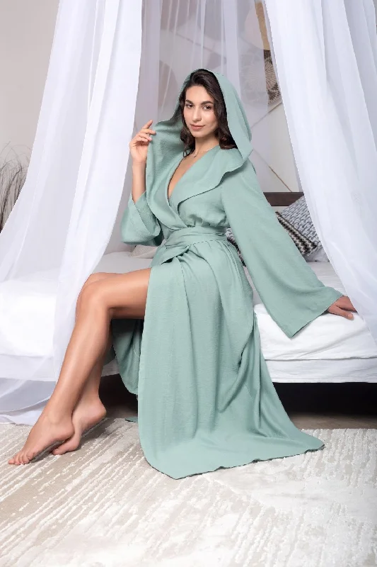 Luxury Linen Robe: Long Hooded Robe in Mint Green