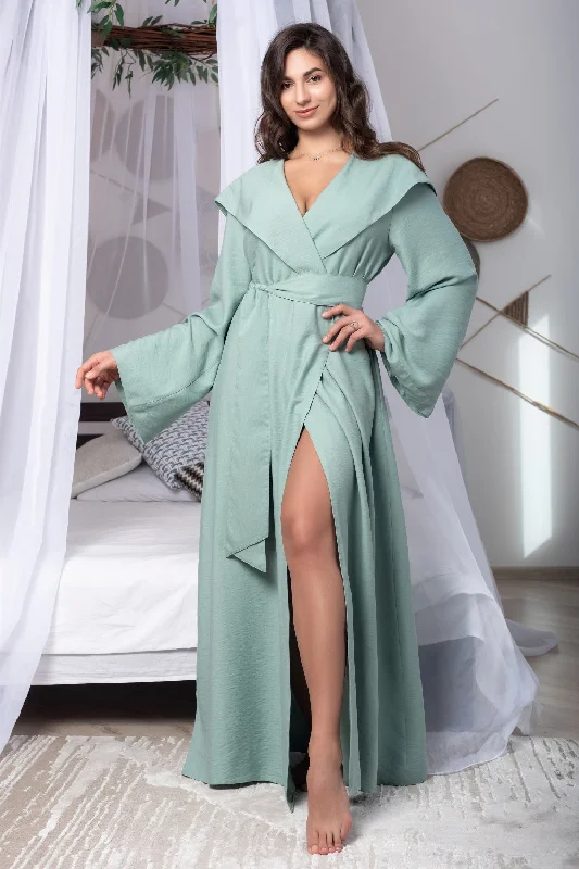 Luxury Linen Robe: Long Hooded Robe in Mint Green