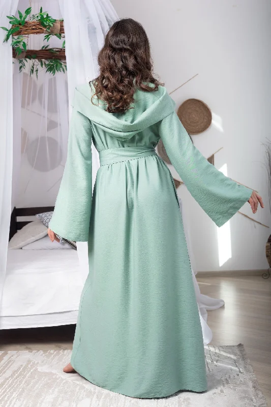 Luxury Linen Robe: Long Hooded Robe in Mint Green