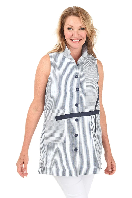 Seersucker Sleeveless Button-Front Tunic