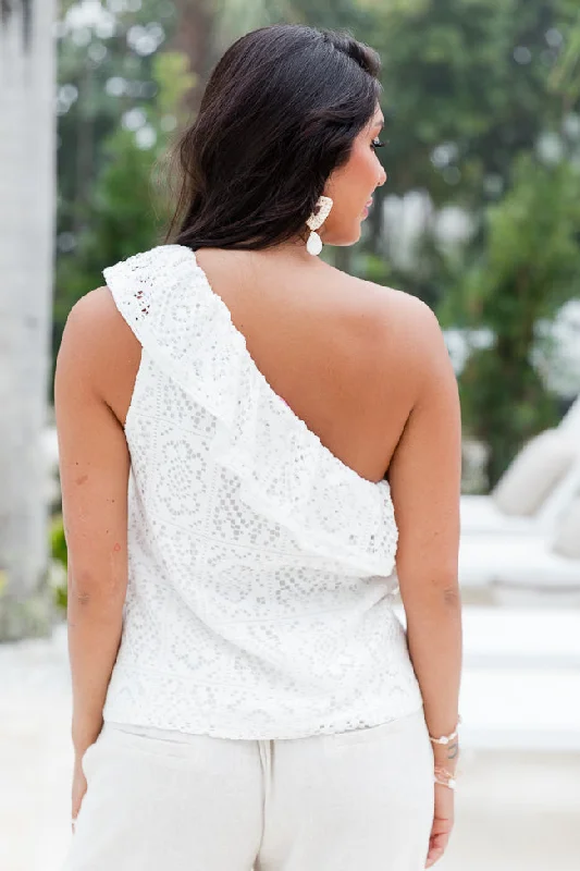 While We Wait Ivory One Shoulder Crochet Tank FINAL SALE