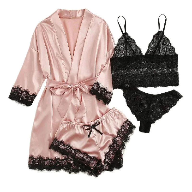 Woman Summer Pyjamas Elegant Lace Bra & Panty & Nightgown & Shorts Loungewear 4-in-1 Set