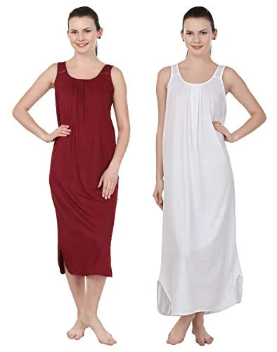 BLAZON Women's Cotton Nighty Slip - Set of 2 (Maroon & White)