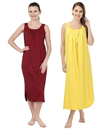 BLAZON Women's Cotton Nighty Slip - Set of 2 (Maroon & Yellow)