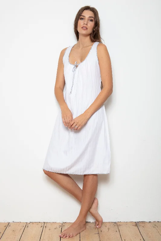 Cottonreal White Cotton Shadow Stripe Sleeveless Knee Length Nightdress