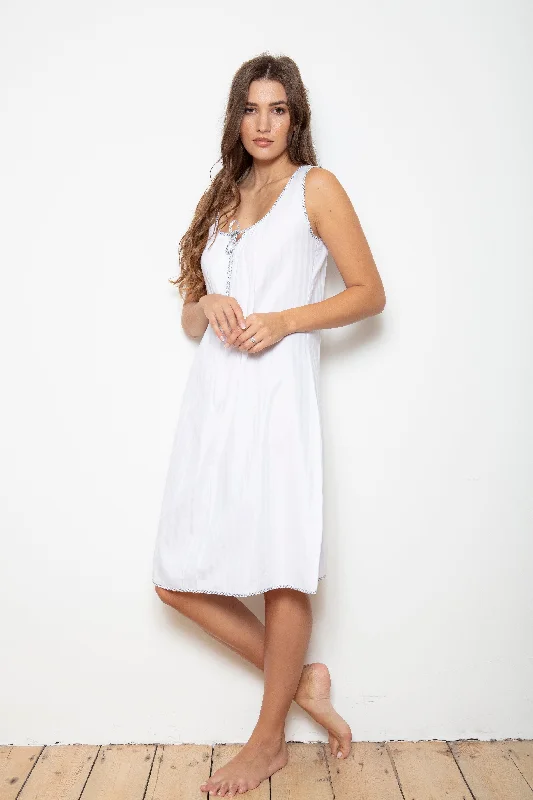 Cottonreal White Cotton Shadow Stripe Sleeveless Knee Length Nightdress