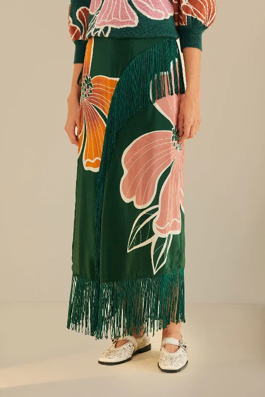 Green Honolulu Flowers Fringe Maxi Skirt