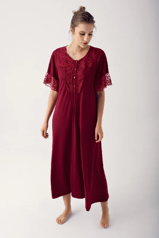 Shopymommy 14105 Collar And Sleeve Lace Maternity & Nursing Nightgown Claret Red