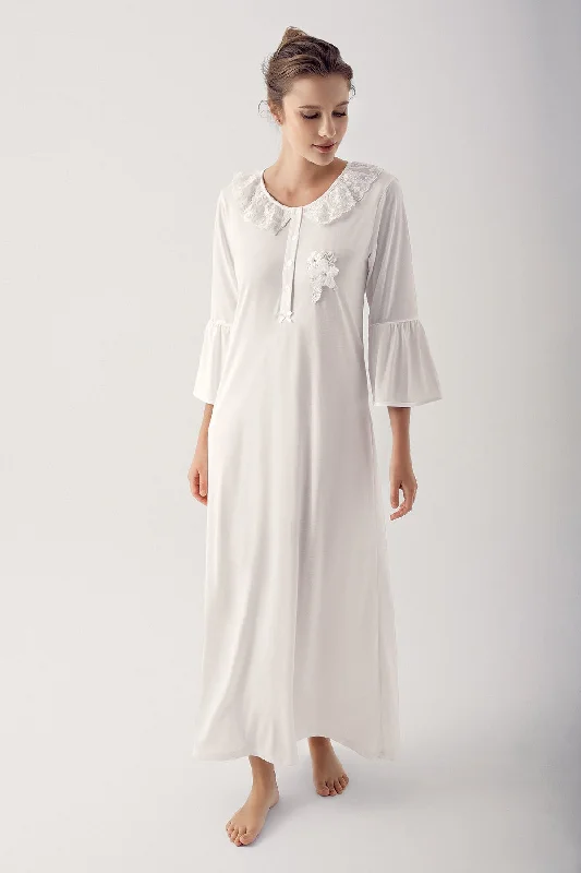 Shopymommy 14108 Lace Collar Flywheel Arm Maternity & Nursing Nightgown Ecru