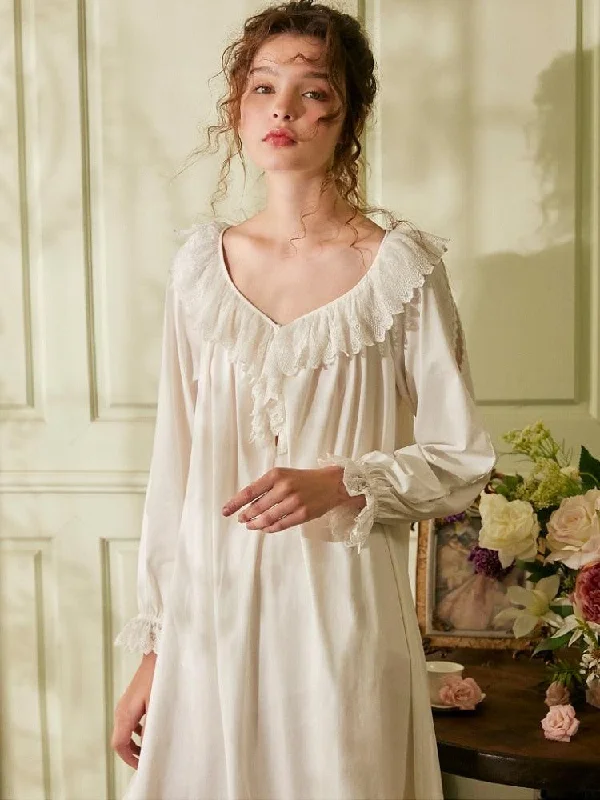 Vintage Cotton nightgown, Victorian Nightgown, Vintage Royal Princess V-neck Long Nightdress