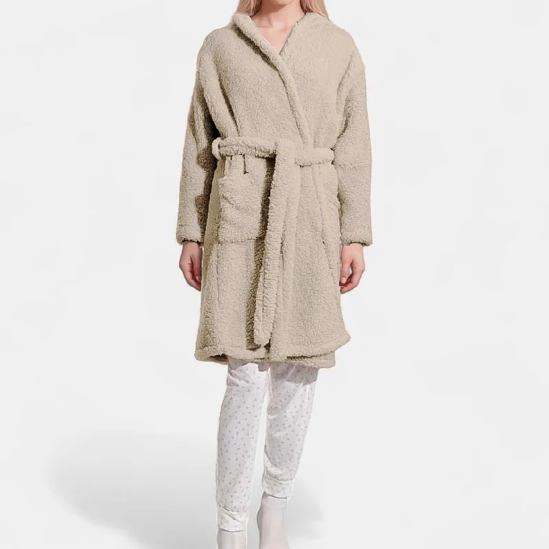 Winter Sherpa Fleece Tie-Up Hooded Gown With Pockets - Cream Beige