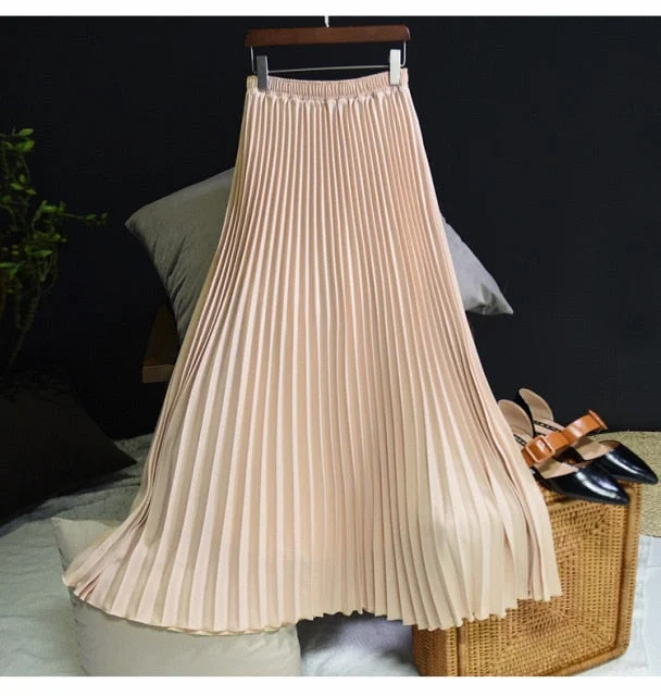 Women's Vintage Fashion Designer High Waist Pleated Skirts (Midi)