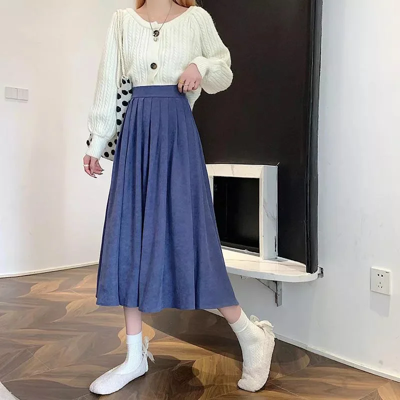 Women's Ruffled Suede High Waist Fashion Designer A-Line Skirts (Midi)