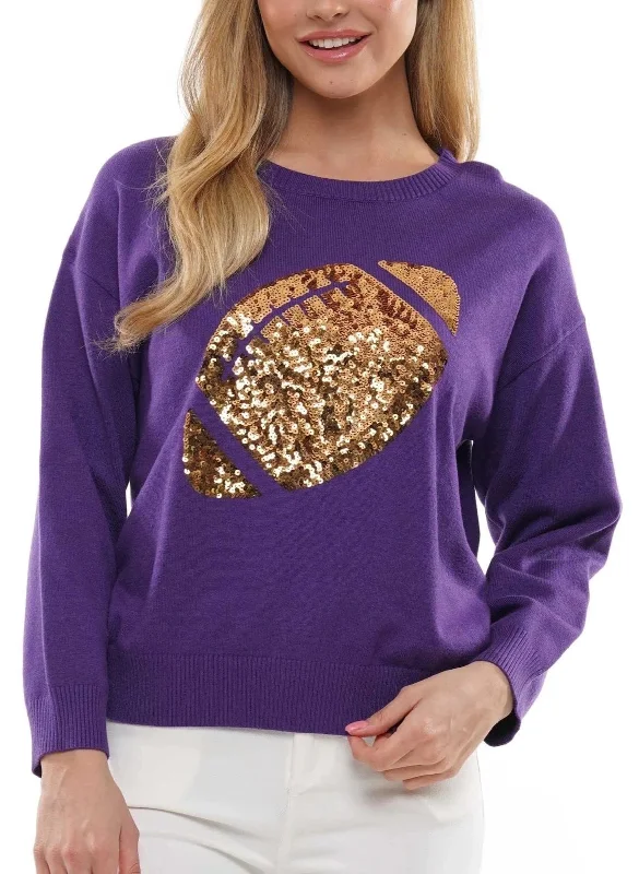 Women's Purple Sweater with Gold Sequin Football W/O Sleeve