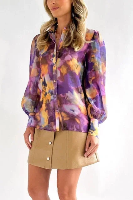 Women's Shirt Tie Dyed V-Neck Purple Button Up