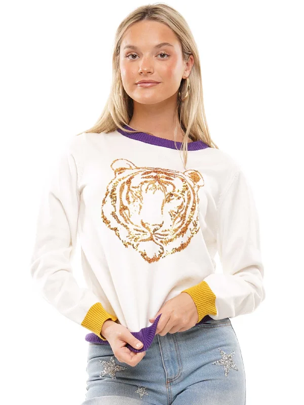 Women's Sweater White Purple Trim