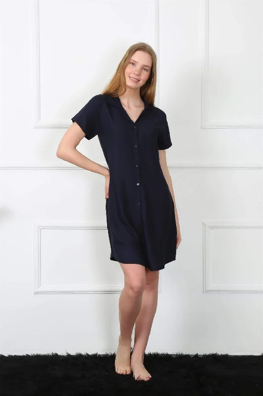 Women's Woven Fabric Front Buttoned Navy Blue Tunic Nightgown 1031