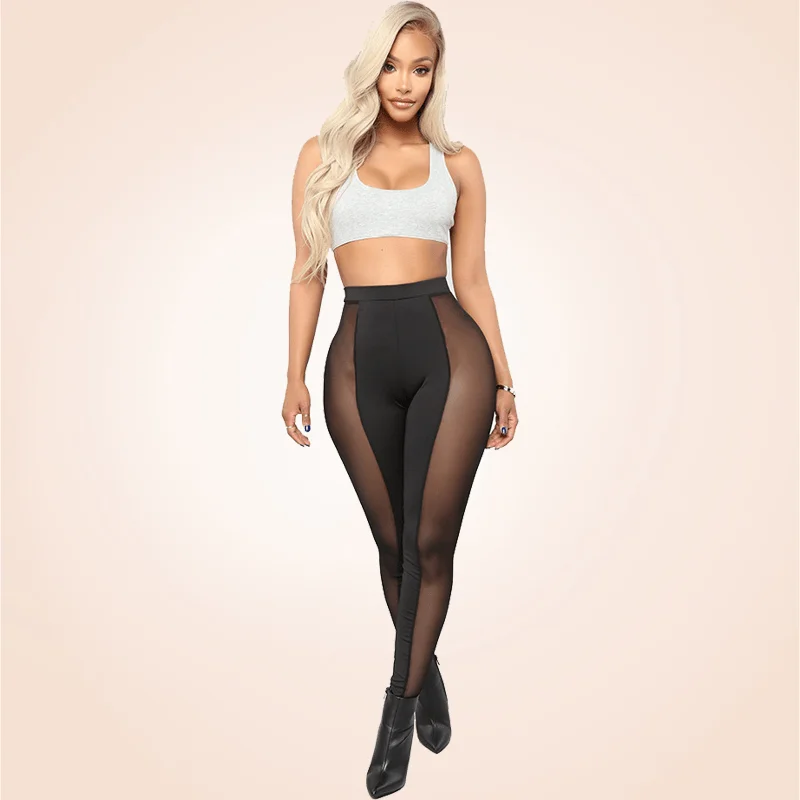 Black Stretchy Sheer Mesh Panel Solid Leggings